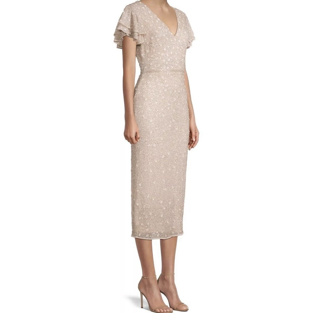 MAC DUGGAL BEAD 10810 RUFFLE SLEEVE MIDI COCKTAIL OYSTER SHEATH DRESS sz 2